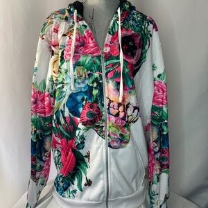 Floral Skull Print Zip Up Hoodie, XL